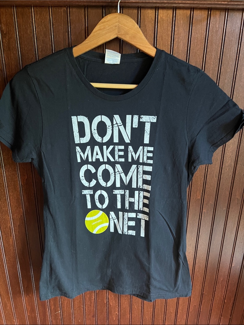 Graphic Tennis Tee - Black with White Text and Yellow Ball Size Small